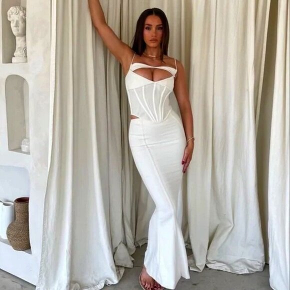 NWT HOUSE OF CB Paloma Ivory Corset Sleeveless Mermaid Gown XS MSRP $285 - Picture 2 of 13